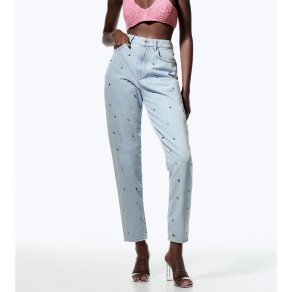 Zara Blue High Rise Jeans with Embellishments
